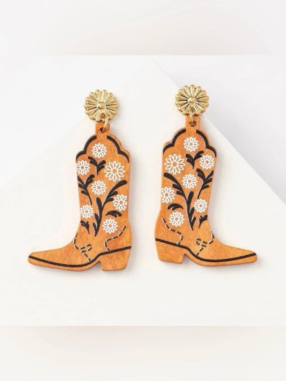 Plunder Cowboy Boot Floral Drop Earrings - Tan & Gold Tones - Picture 2 of 3
